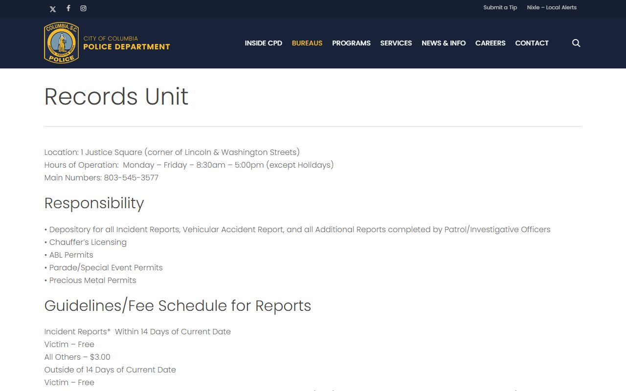 Columbia Police Records Unit page for requesting busted mugshots