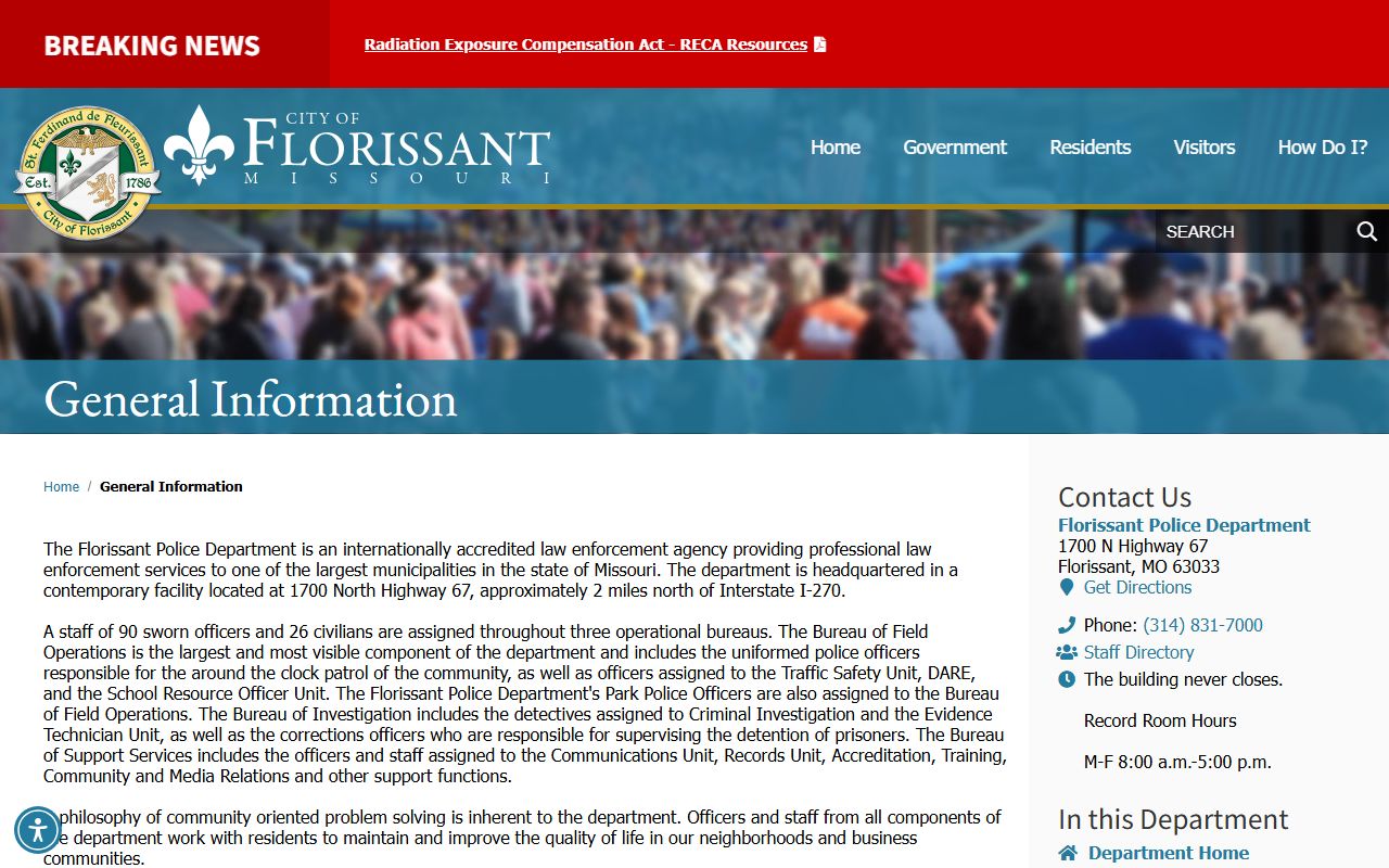Florissant Police general information page for busted mugshots access