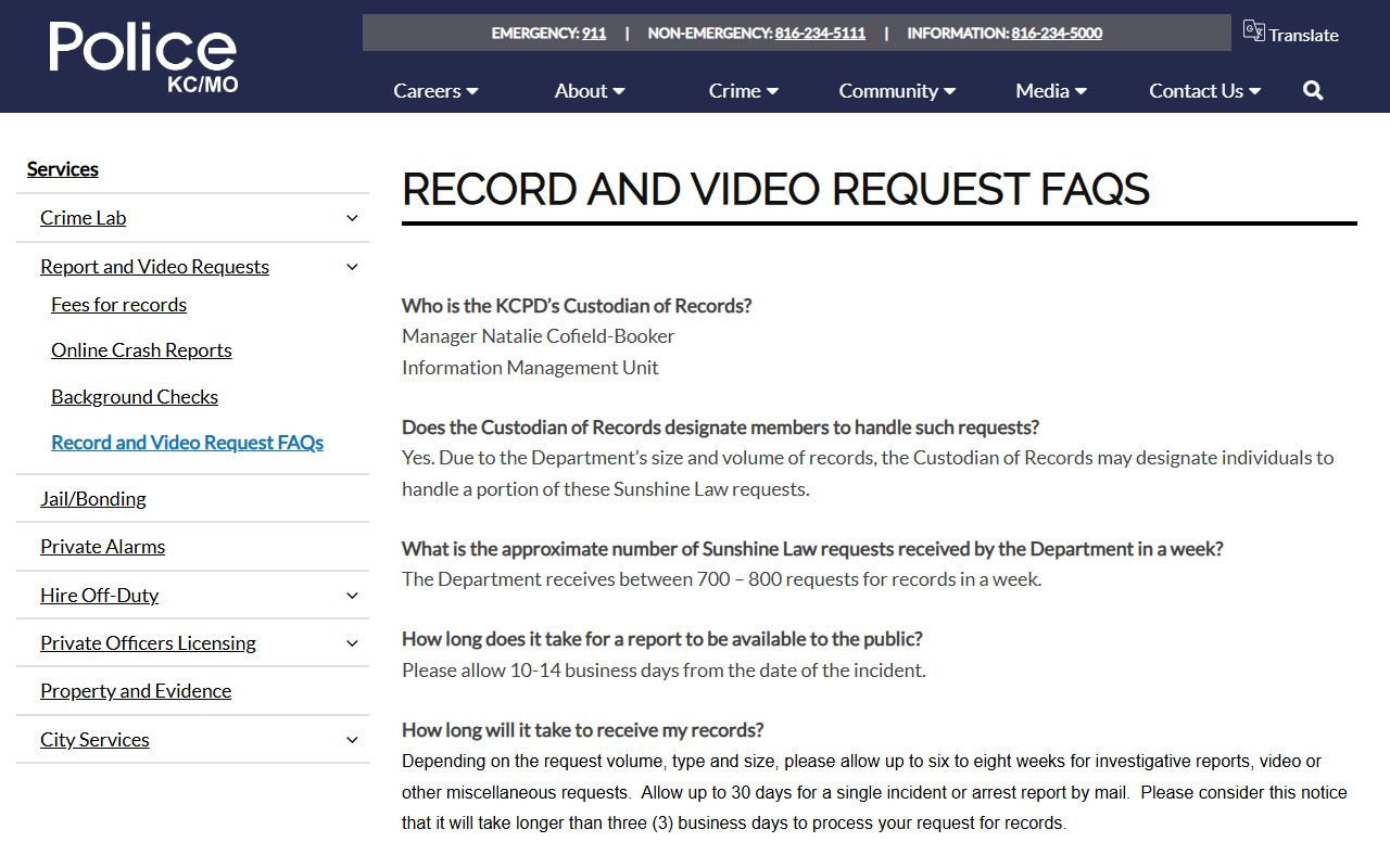 Kansas City Police FAQ page about busted mugshots and records requests
