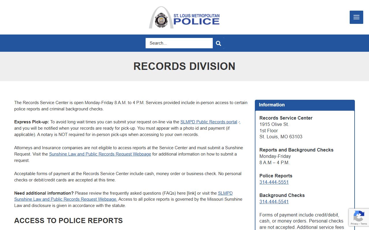 St. Louis Police Records Division page for busted mugshots requests