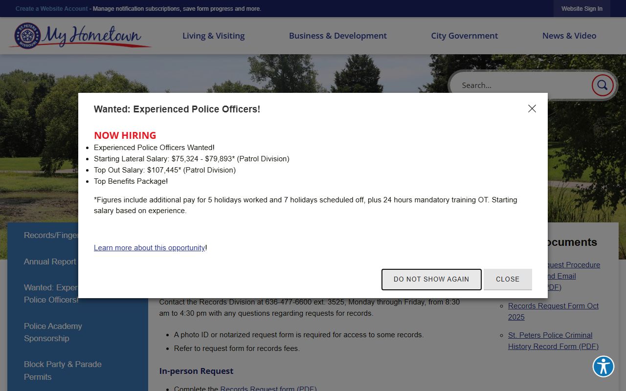 St. Peters Police records and fingerprinting page for busted mugshots requests