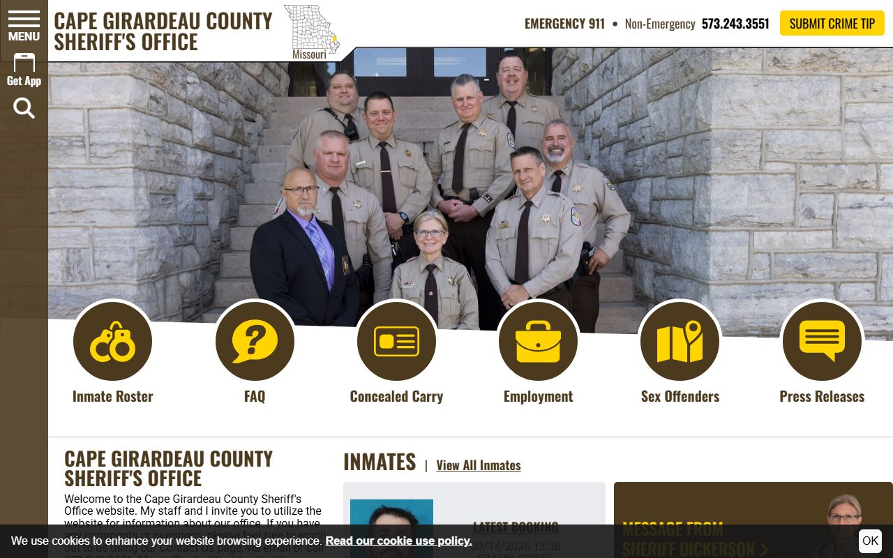 Cape Girardeau County Sheriff Office homepage for busted mugshots