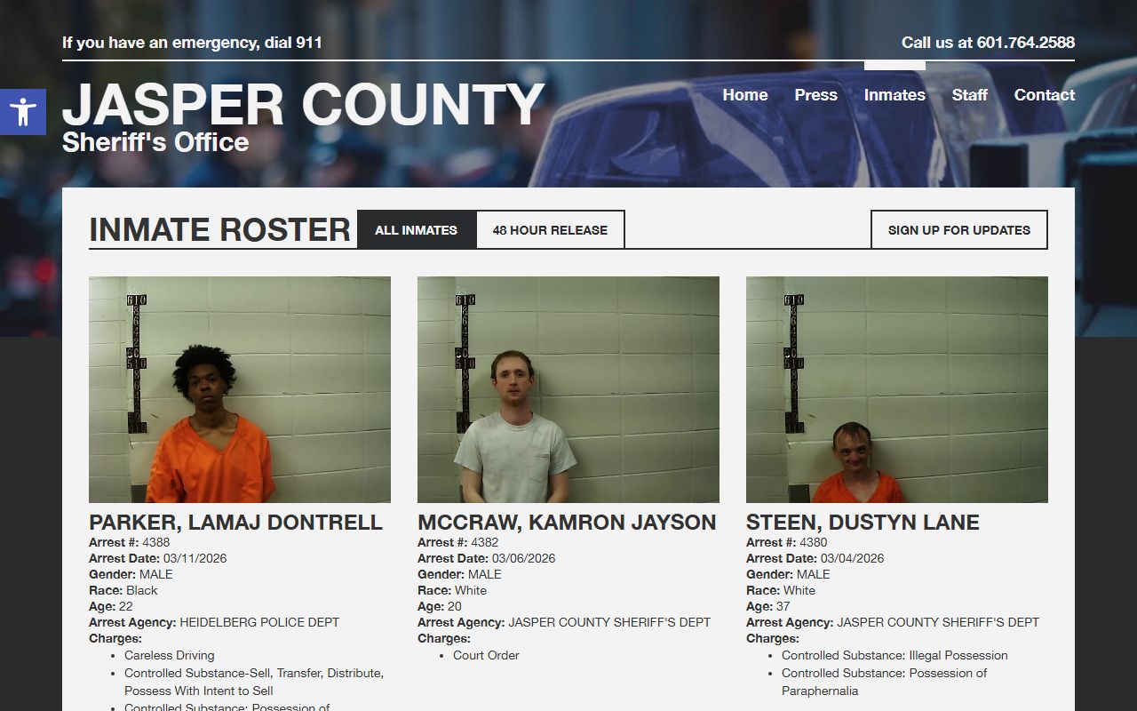 Jasper County Sheriff inmate search portal for booking records