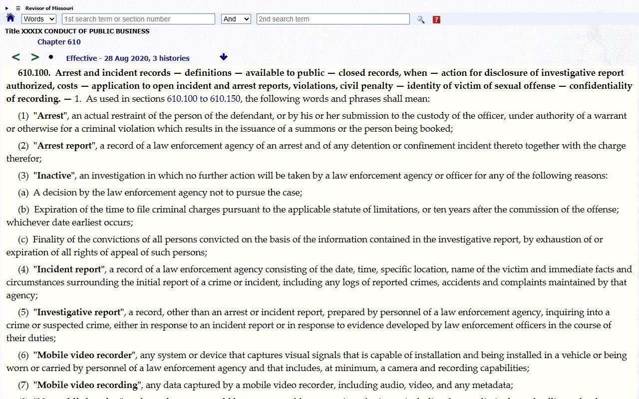 Missouri Sunshine Law Chapter 610 covering busted mugshots and arrest record access